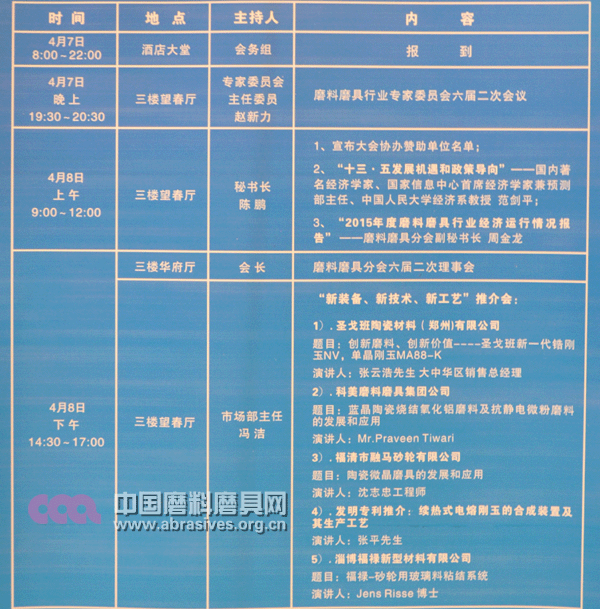 2016全國(guó)磨料磨具行業(yè)春季信息交流會(huì)議程安排